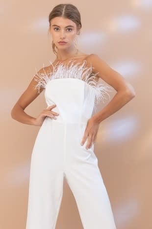 Tube Front Feather Jumpsuit - White by Boutique 23