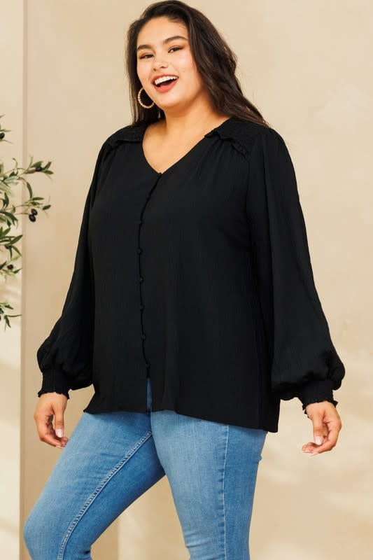 Solid Long Puff Sleeves Woven Blouse - Black by Boutique 23