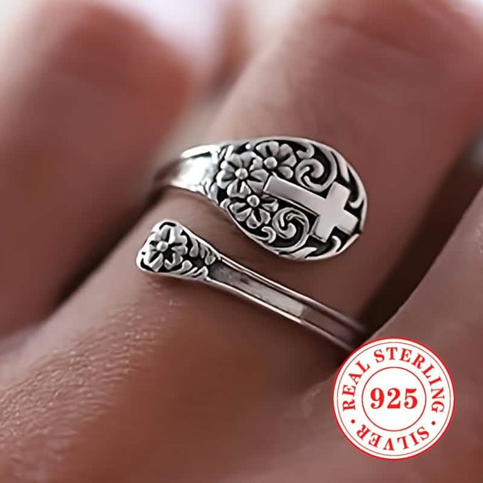 925 Sterling Silver Bohemian Faith Ring – Adjustable Vintage Cross by DailySale