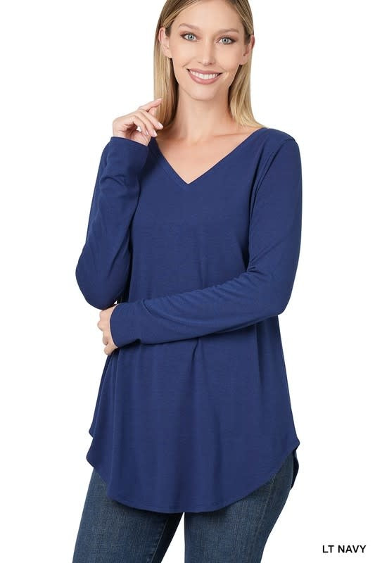 Long Sleeve V Neck & Round Hem Top - Light Navy by Boutique 23