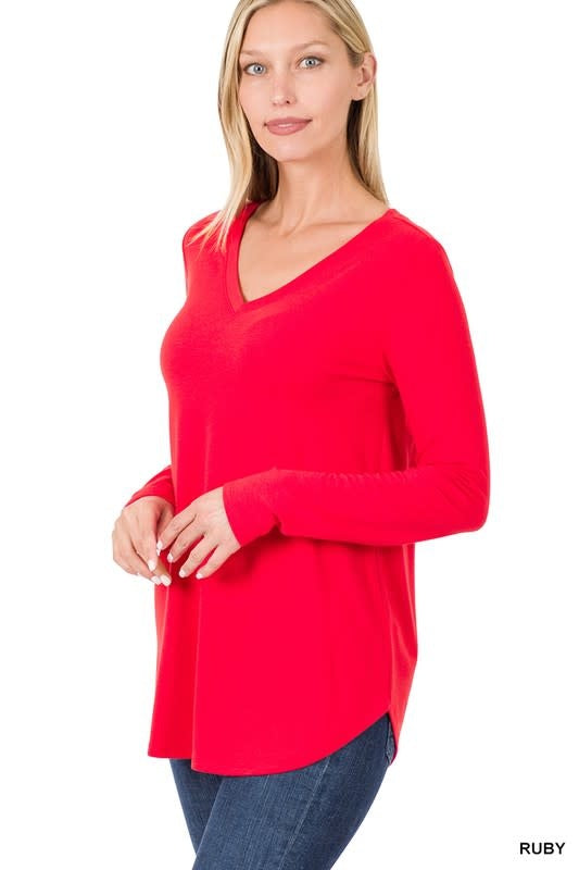 Long Sleeve V Neck & Round Hem Top - Ruby by Boutique 23