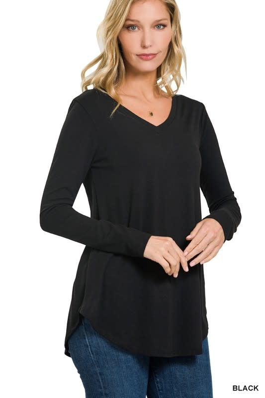 Long Sleeve V Neck & Round Hem Top - Black by Boutique 23