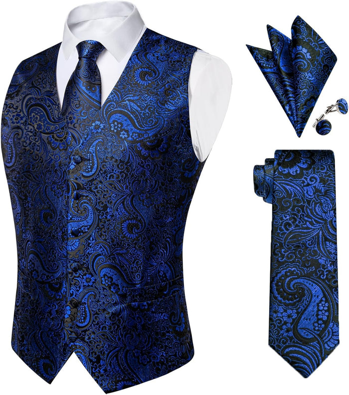 YourTies Royal Blue Paisley Silk Vest Waistcoat Tie Pocket Square Set by Deal US