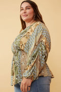 Curvy Mixed Print Block Dolman Peplum Top - Olive by Boutique 23