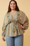 Curvy Mixed Print Block Dolman Peplum Top - Olive by Boutique 23