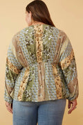 Curvy Mixed Print Block Dolman Peplum Top - Olive by Boutique 23