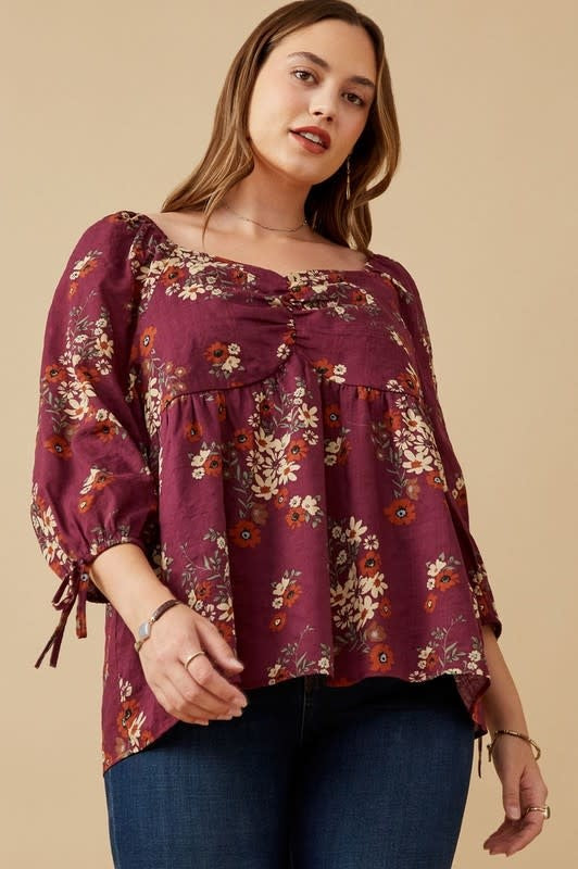 Curvy Mixed Floral Tie Sleeve Sweetheart Neck Top by Boutique 23