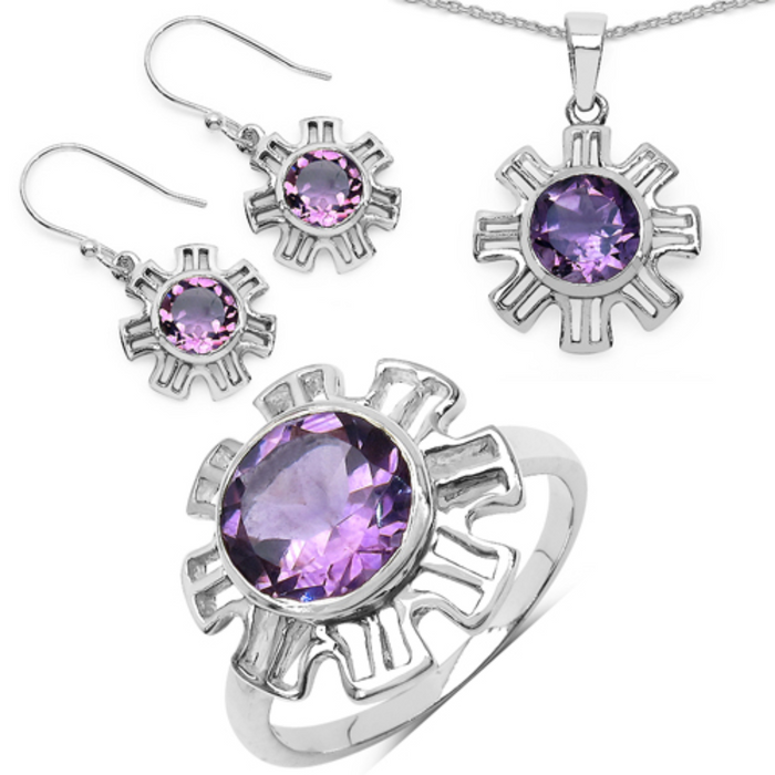Genuine Amethyst Pendant Earrings Set by Fine Color Jewels
