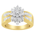 10K Yellow Gold 1.0 Cttw Round & Baguette Cut Diamond Floral Cluster Double-Channel Flared Band Statement Ring (H-I Color, SI2-I1 Clarity) - Size 6-1/2 by Bids.com