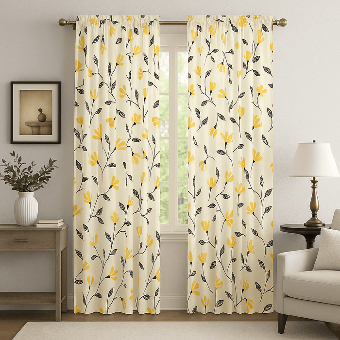 DaDa Bedding Set of 2 Botanical Floral Window Curtain Panels - Natural Semi Sheer Yellow Fleur Golden Orange Spring Time Tulips Straight Tailored Edge by DaDalogy Bedding Collection