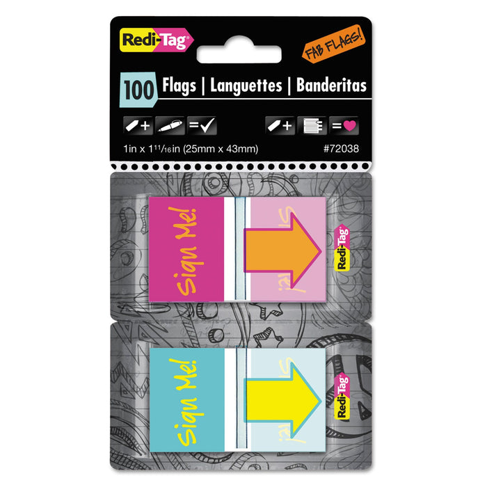 Redi-Tag Pop-Up Fab Page Flags w/Dispenser, "Sign Me!", Red/Orange, Teal/Yellow, 100/Pack