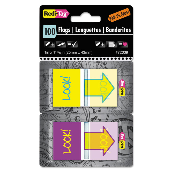 Redi-Tag Pop-Up Fab Page Flags w/Dispenser, "Look!", Purple/Yellow; Yellow/Teal, 100/Pack