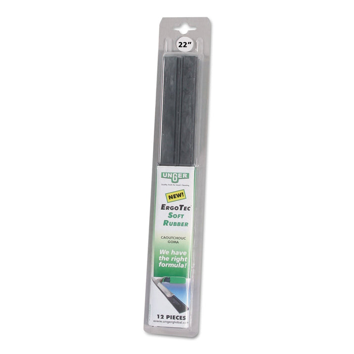 Unger ErgoTec Replacement Squeegee Blades, 16" Wide Blade, Black Rubber, Soft, 12/Pack