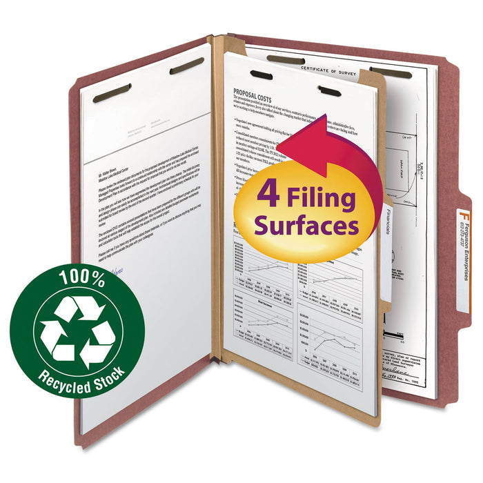 Smead 100% Recycled Pressboard Classification Folders, 1 Divider, Letter Size, Red, 10/Box