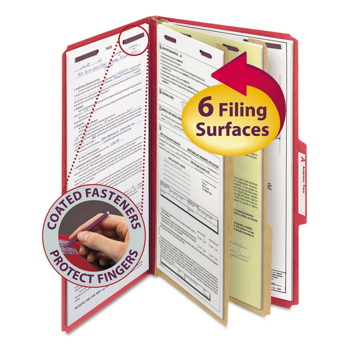 Smead Six-Section Pressboard Top Tab Classification Folders with SafeSHIELD Fasteners, 2 Dividers, Legal Size, Bright Red, 10/Box
