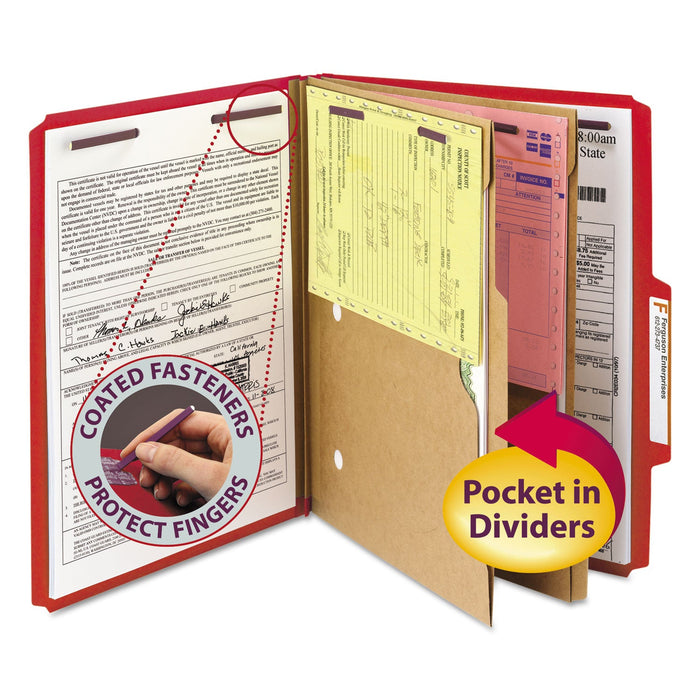 Smead 6-Section Pressboard Top Tab Pocket-Style Classification Folders with SafeSHIELD Fasteners, 2 Dividers, Letter, Red, 10/Box