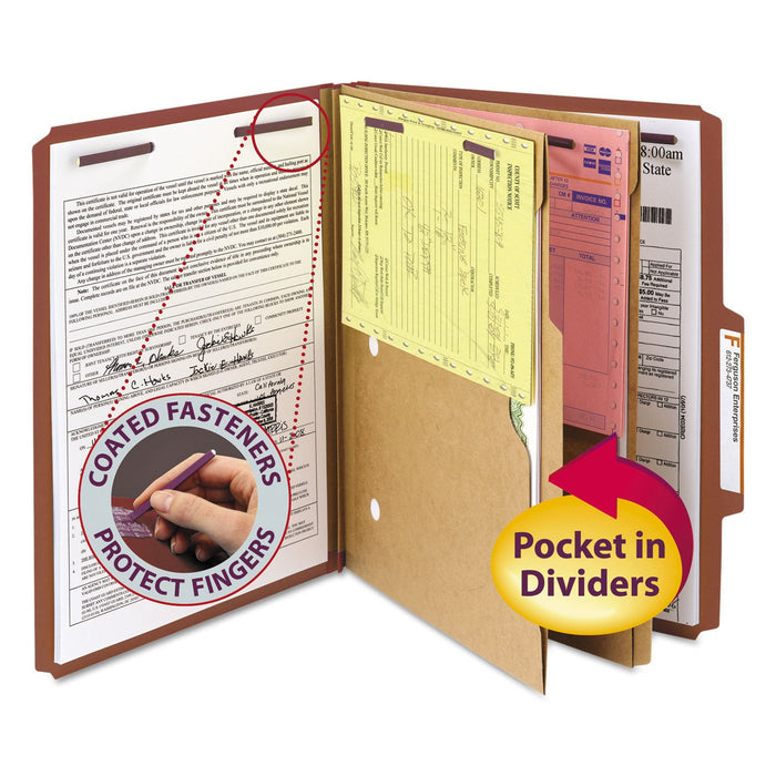 Smead 6-Section Pressboard Top Tab Pocket-Style Classification Folders with SafeSHIELD Fasteners, 2 Dividers, Letter, Red, 10/Box