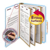 Smead Eight-Section Pressboard Top Tab Classification Folders with SafeSHIELD Fasteners, 3 Dividers, Letter Size, Blue, 10/Box