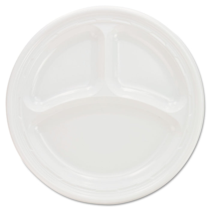 Dart Plastic Plates, 3-Compartment, 9" dia, White, 125/Pack, 4 Packs/Carton