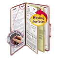 Smead Pressboard Classification Folders with SafeSHIELD Coated Fasteners, 2/5 Cut, 2 Dividers, Legal Size, Red, 10/Box