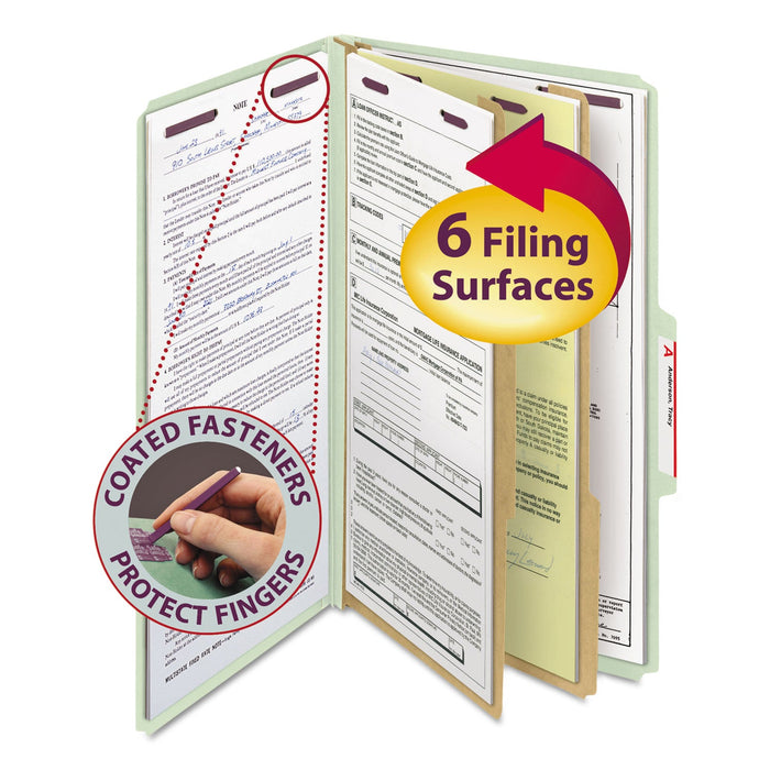 Smead Pressboard Classification Folders with SafeSHIELD Coated Fasteners, 2/5 Cut, 2 Dividers, Legal Size, Gray-Green, 10/Box