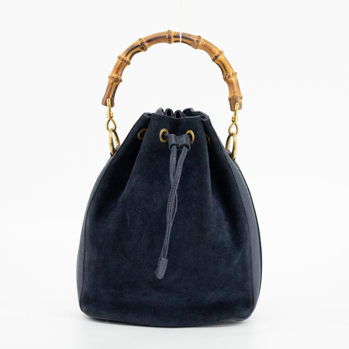 Gucci Navy Bamboo Suede x Leather Drawstring 2WAY Shoulder Bag #1881 by Bolt Boutique