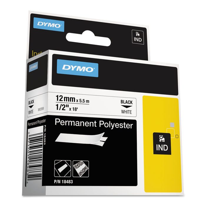 DYMO Rhino Permanent Poly Industrial Label Tape, 0.5" x 18 ft, White/Black Print