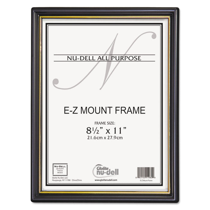 NuDell EZ Mount Document Frame with Trim Accent and Plastic Face, Plastic, 8.5 x 11 Insert, Black/Gold, 18/Carton