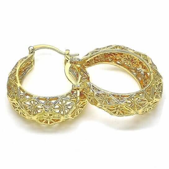 18k Gold Filled High Polish Finsh Diamond Cut Fancy Filigree Hoop Earrings Textured Gold Hoop Earrings by DailySale