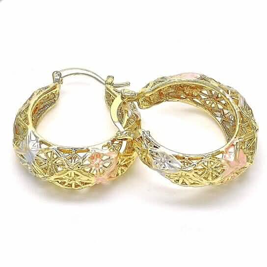 18k Gold Filled High Polish Finish Diamond Cut Fancy Filigree Hoop Earrings Textured Tri-gold Hoop Earrings 40mm by DailySale