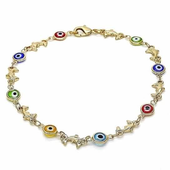 18k Women's Gold Filled High Polish Finish Dolphin Multi-color Evil Eye Lobster Clasp Ankle Bracelet 10'' Inch by DailySale