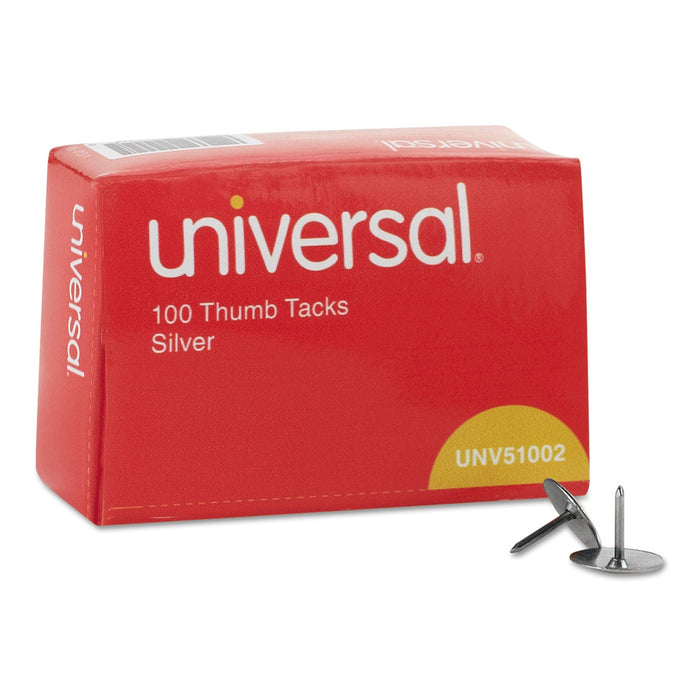 Universal Thumb Tacks, Steel, Silver, 0.31", 100/Box