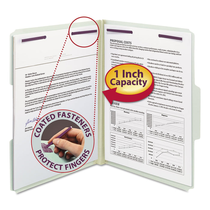 Smead Recycled Pressboard Folders with Two SafeSHIELD Coated Fasteners, 1" Expansion, 1/3-Cut Tab, Letter Size, Gray-Green, 25/Box