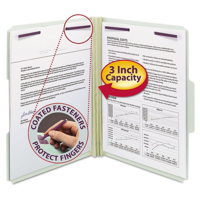 Smead Recycled Pressboard Folders with Two SafeSHIELD Coated Fasteners, 3" Expansion, 1/3-Cut Tab, Letter Size, Gray-Green, 25/Box