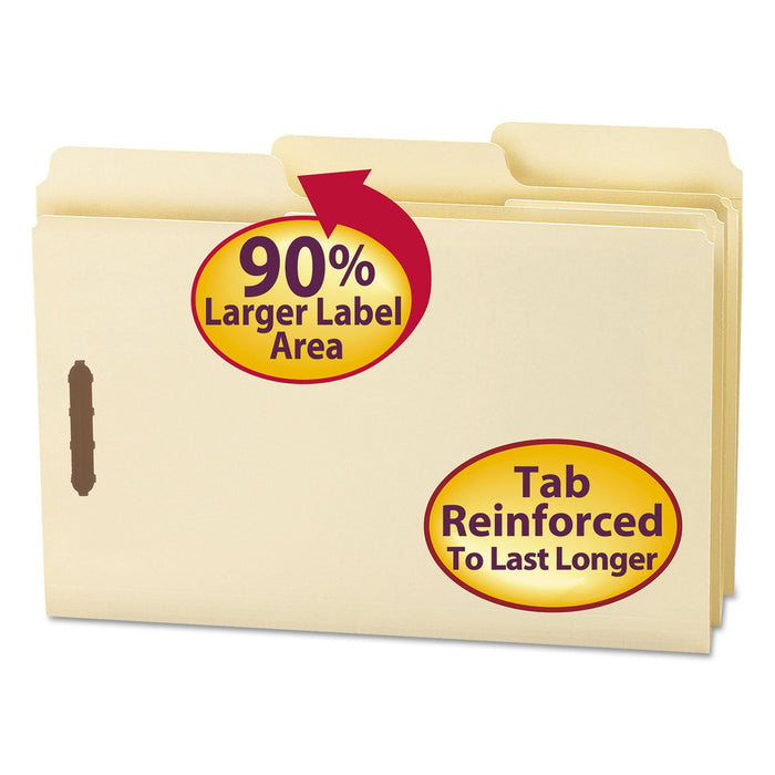 Smead SuperTab Reinforced Guide Height Fastener Folders, 2 Fasteners, Legal Size, 11-pt Manila Exterior, 50/Box