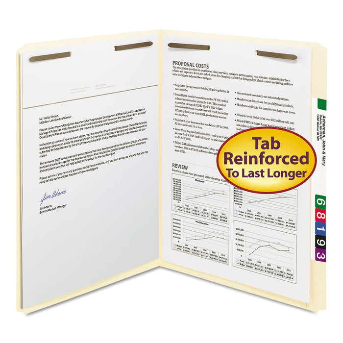 Smead Top Tab Fastener Folders, Straight Tab, 2 Fasteners, Letter Size, 11-pt Manila Exterior, 50/Box