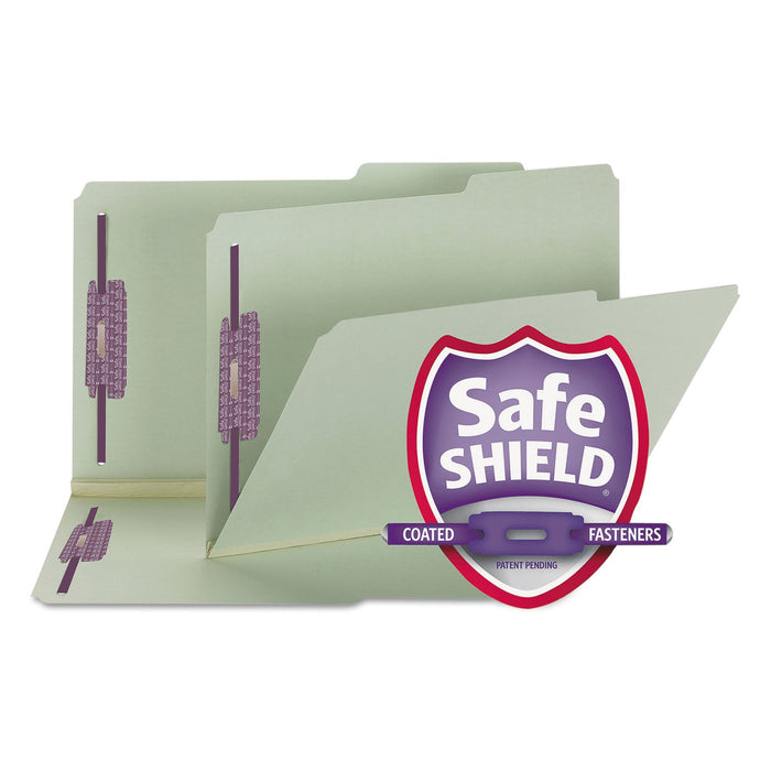 Smead Recycled Pressboard Folders with Two SafeSHIELD Coated Fasteners, 2" Expansion, 2/5-Cut: Right, Legal, Gray-Green, 25/Box