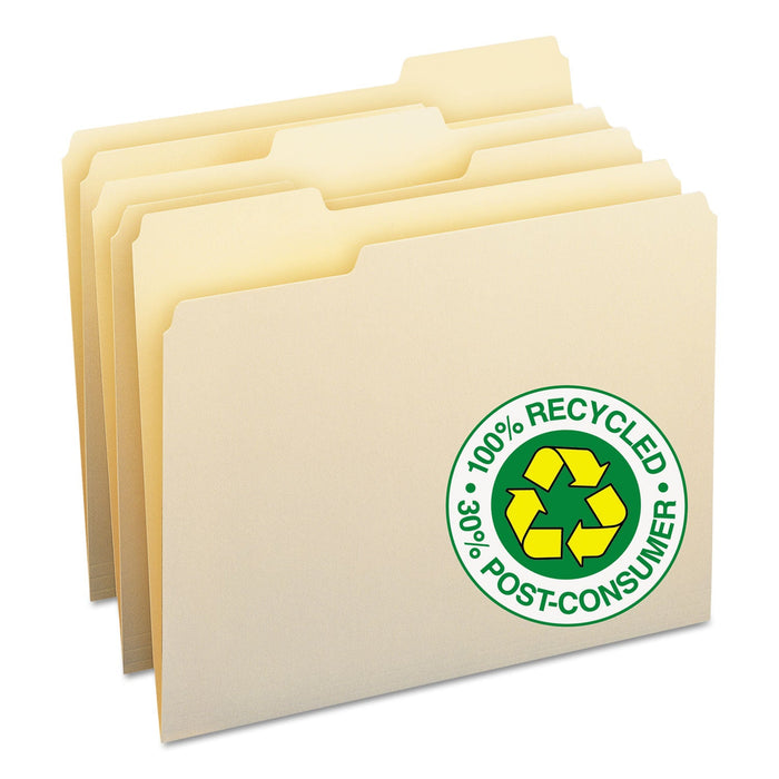 Smead 100% Recycled Manila Top Tab File Folders, 1/3-Cut Tabs: Assorted, Letter Size, 0.75" Expansion, Manila, 100/Box