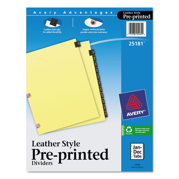 Avery Preprinted Black Leather Tab Dividers w/Copper Reinforced Holes, 12-Tab, Jan. to Dec., 11 x 8.5, Buff, 1 Set