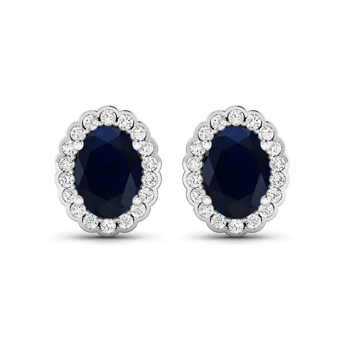 1.80 Ct Oval Blue Sapphire & Diamond Prong 14K Gold Halo Stud Earrings by Fine Color Jewels
