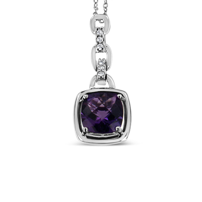 .925 Sterling Silver 6x6MM Cushion Shaped Natural Purple Amethyst and Diamond Accented Bale 18" Inch Pendant Necklace (I-J Color, I1-I2 Clarity) by Bids.com