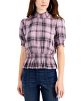 Self Esteem Juniors Smocked Plaid Top – Lilac Plaid, Size Medium by Vanessa Jane