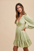 Front Twisted Satin Mini Dress - Pistachio by Boutique 23