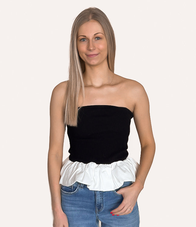 Ribbed Knit Bodice Bubble Peplum Tube Top - Black by Boutique 23