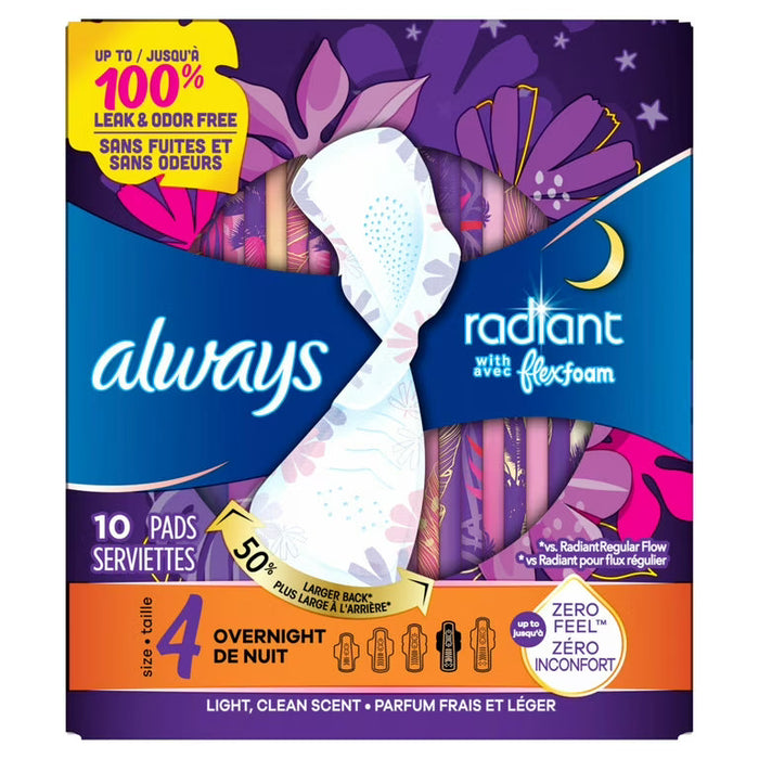 Always Radiant Size 4 Overnight FlexFoam Pads with Wings 10 Count by Pasteur Pharmacy