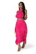 Two Piece Mock Neck Crop Top Ruched Fringed Skirt Set by The House of Stylez