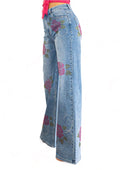 Rose Rhinestone Wide Jeans by The House of Stylez