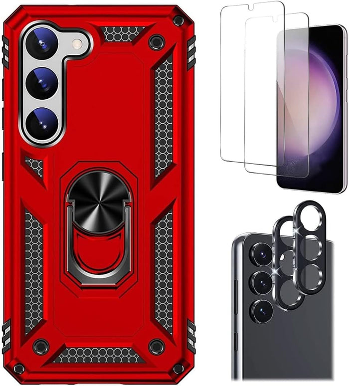 Bundle: Red Military Kickstand Series with Belt Clip Case with Tempered Glass Screen and Camera Protector - Samsung Galaxy S23 by Zerodamage Sahara Case LLC