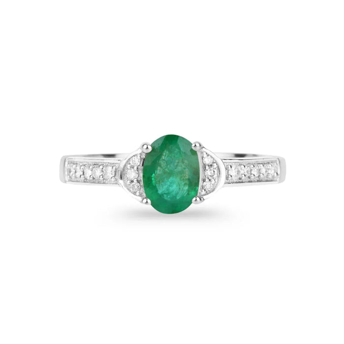 0.72 Ct Oval Green Zambian Emerald Diamond Prong 10k Gold Pave Bridge Ring by Fine Color Jewels