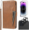 iPhone 14 Pro 6.1-inch Protection Kit Bundle - Folio Wallet Case with Tempered Glass Screen and Camera Protector (Brown)